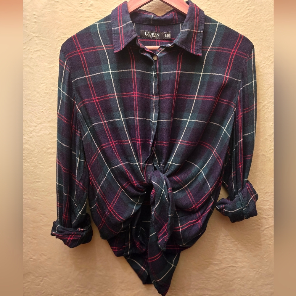 Lauren Ralph Lauren Plaid Button Up Blouse XL High Low Hem